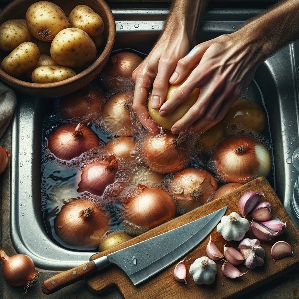 شستن پیاز و سیب زمینی و سیر