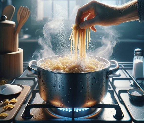 مرحله اول پخت پاستا با سالاد ایتالیایی و نان سیر