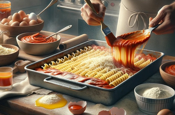 مرحله سوم پخت پاستا با سالاد ایتالیایی و نان سیر