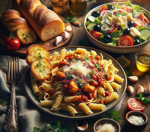 مواد لازم و طرز تهیه پاستا با سالاد ایتالیایی و نان سیر