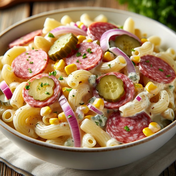 مواد لازم و طرز تهیه سالاد ماکارونی با کالباس مواد لازم و طرز تهیه سالاد ماکارونی با کالباس