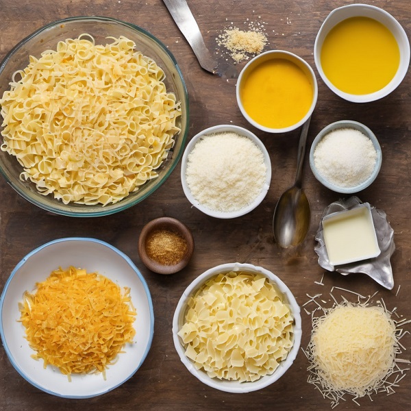 مواد لازم برای پخت پاستا با سس پنیر و سیر سوخاری