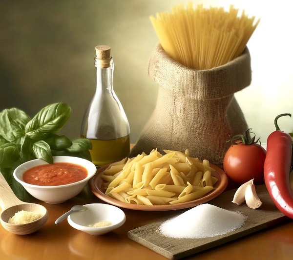 مواد لازم پاستا آرابیتا با سس گوجه فرنگی