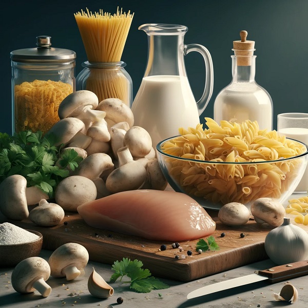 مواد لازم پاستا با مرغ و سس سفید