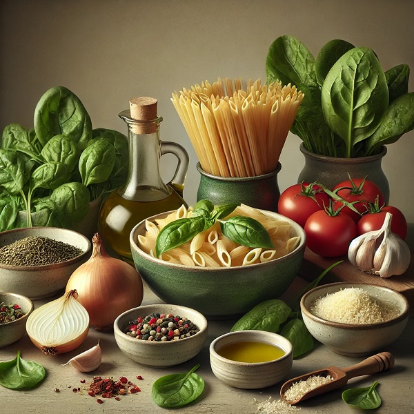 مواد لازم پاستای فلفلی و اسفناج