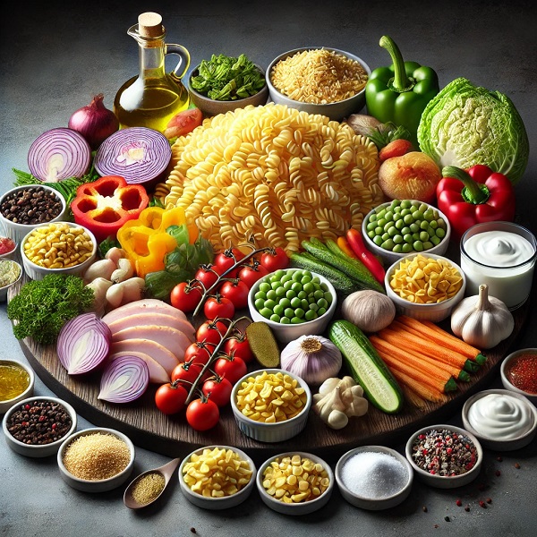 مواد لازم سالاد ماکارونی با مرغ و قارچ