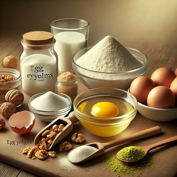مواد لازم شیرینی پفکی گردویی