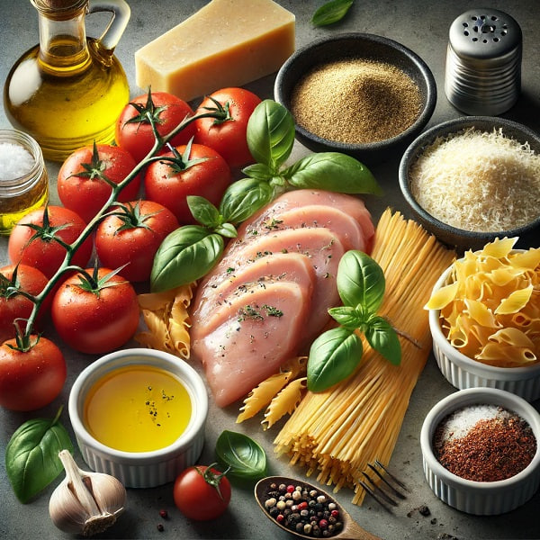 مواد لازم پاستا با سس ریحان و مرغ