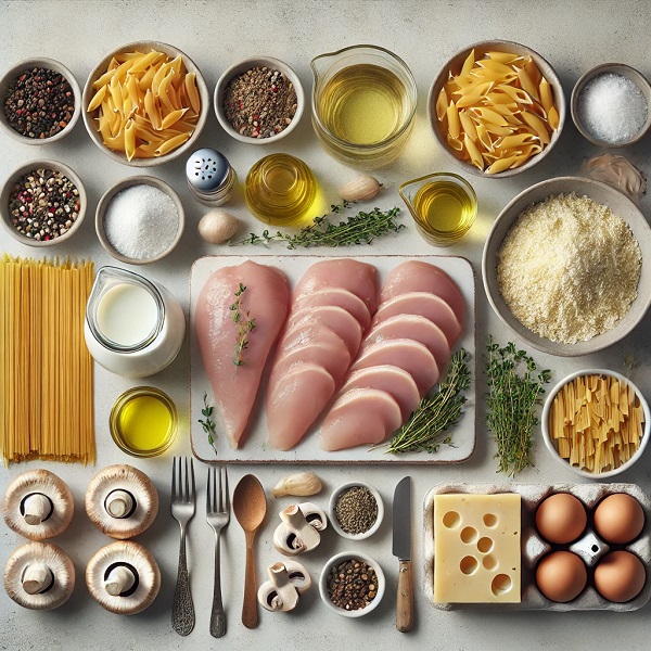 مواد لازم پاستا با مرغ و قارج و خامه