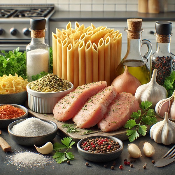 مواد لازم پاستا با مرغ