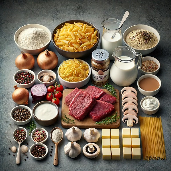 مواد لازم پاستا با سس قارچ و گوشت