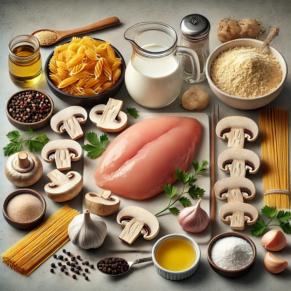 مواد لازم پاستا مرغ و قارچ