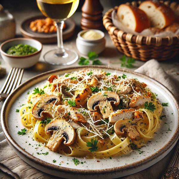 مواد لازم و طرز تهیه پاستا با مرغ و قارچ و خامه‌