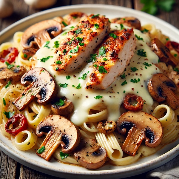 مواد لازم و طرز تهیه پاستا مرغ و قارچ با پنیر پیتزا