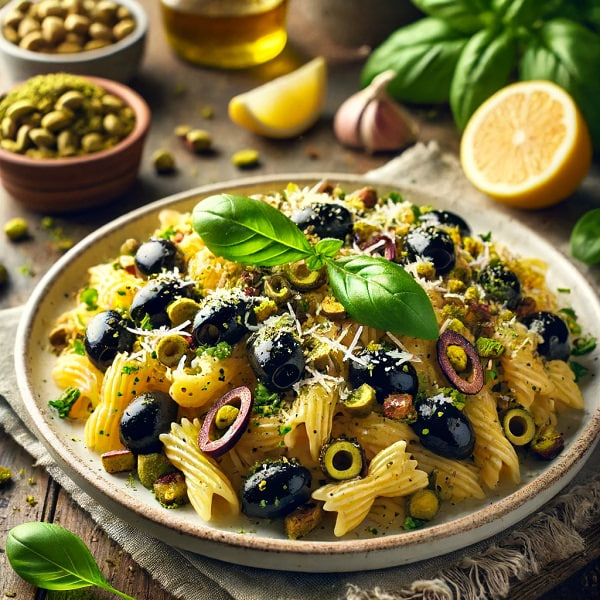 مواد لازم و طرز تهیه پاستای زیتون و پسته مواد لازم و طرز تهیه پاستای زیتون و پسته