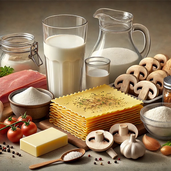 مواد لازم لازانیا با ژامبون و سس قارچ