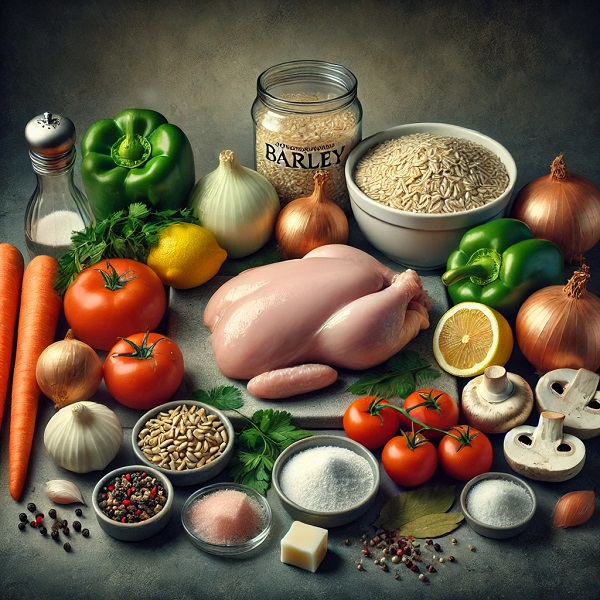 مواد لازم سوپ مرغ با جو و قارچ