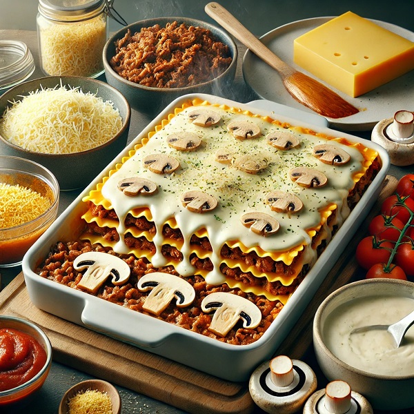 طرز تهیه لازانیا گوشت و قارچ با سس پنیری