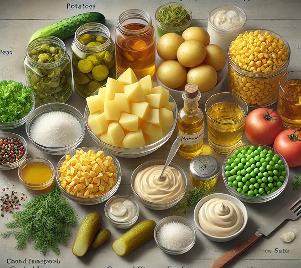 مواد لازم سالاد سیب زمینی با سس شوید