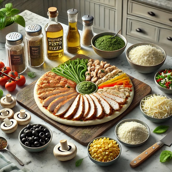 مواد لازم پیتزا مرغ با سس پستو
