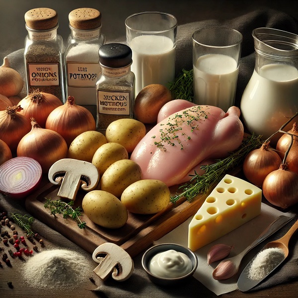 مواد لازم گراتن مرغ و سیب زمینی