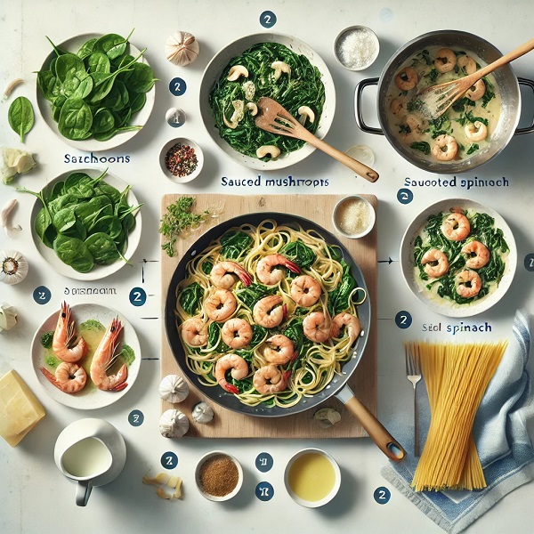 طرز تهیه پاستا میگو و اسفناج