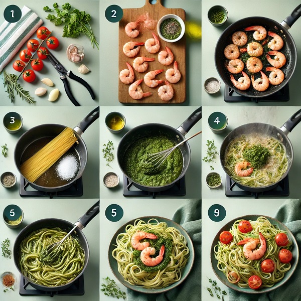 طرز تهیه پاستا پستو با میگو