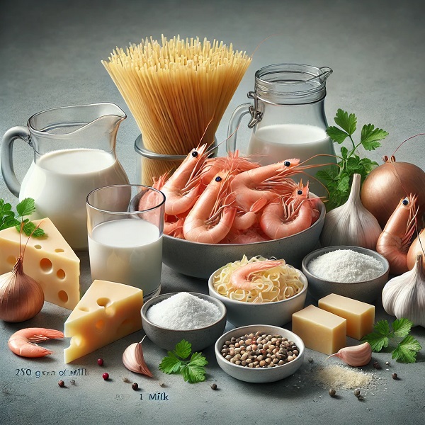 مواد لازم پاستا میگو با سس آلفردو