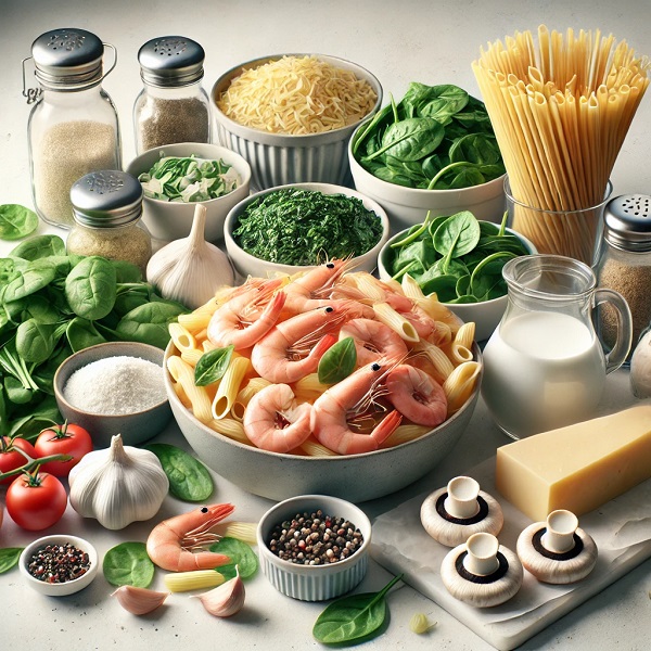 مواد لازم پاستا میگو و اسفناج