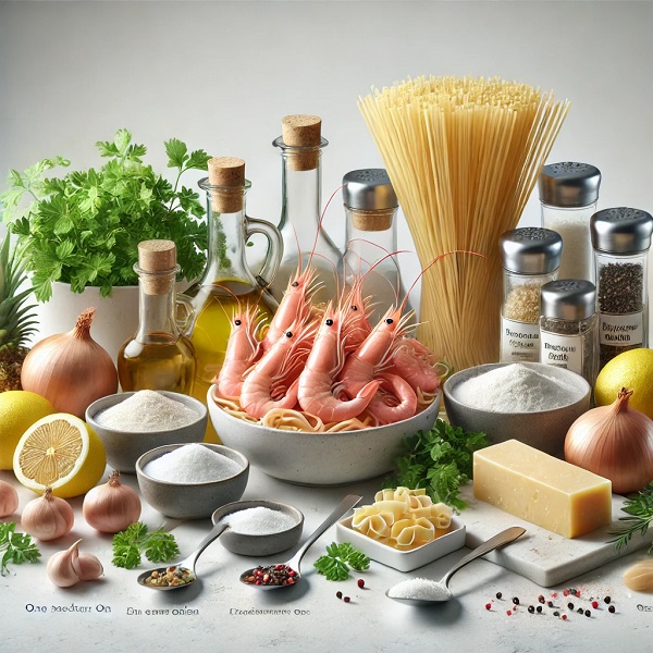 مواد لازم پاستای میگو با سس سیر و لیمو 