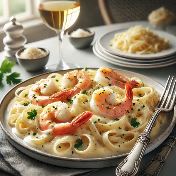 مواد لازم و طرز تهیه پاستا میگو با سس آلفردو