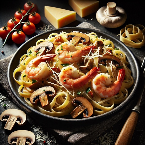 مواد لازم و طرز تهیه پاستا میگو و قارچ و پنیر ایتالیایی