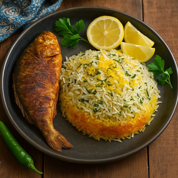 ته انداز ماهی جنوبی با حشو و سبزی پلو